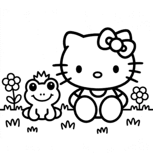 Hello Kitty ve Kurbağa Boyama Sayfası