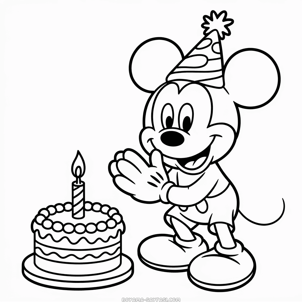 Mickey Mouse ve Doğum Günü Pastası Boyama Sayfası