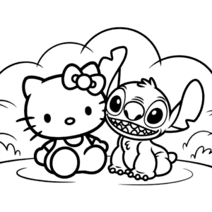 Merhaba Kitty ve Stitch Boyama Sayfası