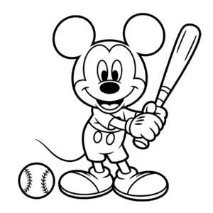Mickey Mouse Beyzbol Oynarken Boyama Sayfası