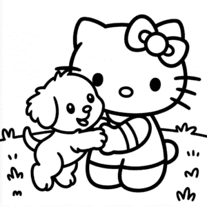 Hello Kitty ile Yavru Köpek Boyama Sayfası