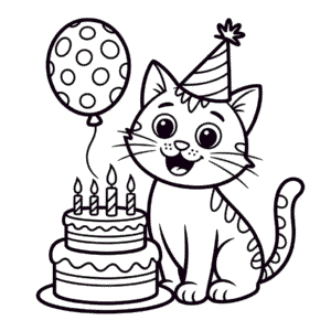 Kedi Doğum Günü Boyama Sayfası