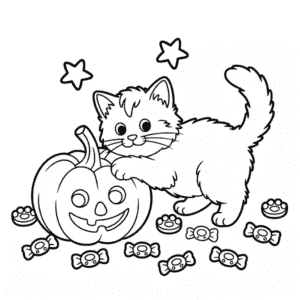 Kedi ve Cadılar Bayramı Balkabağı Boyama Sayfası