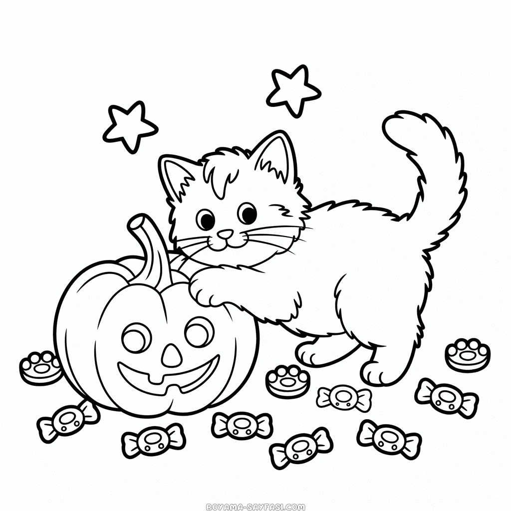 Kedi ve Cadılar Bayramı Balkabağı Boyama Sayfası